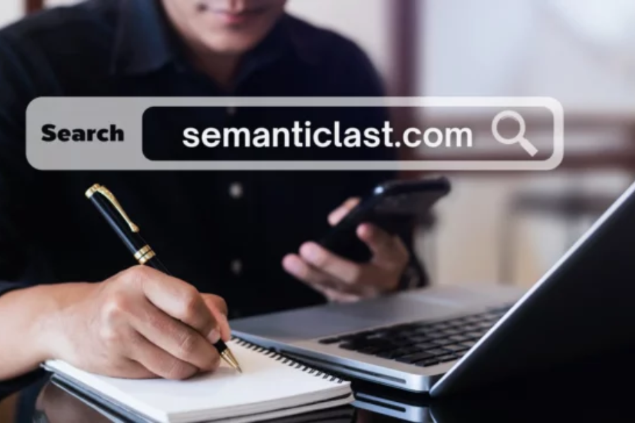 A data analyst visualizes complex information using a knowledge graph powered by Semanticlast.com, highlighting semantic connections in real-time